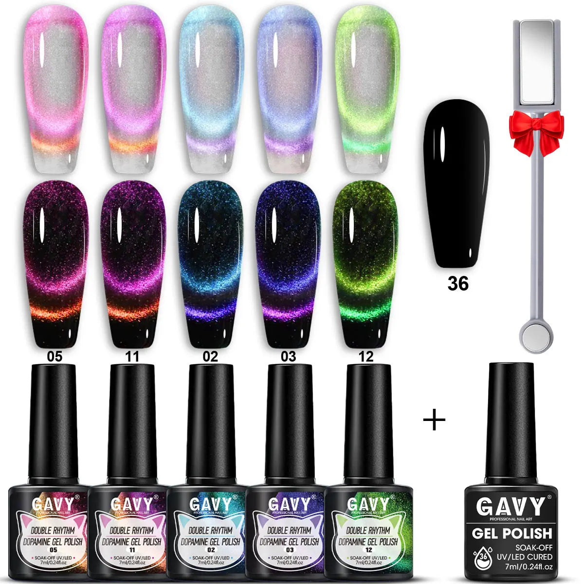 GAVY 5-Piece Two-Color Cat's Eye Gel Nail Polish Set + Black Base Gel + Magnetic Stick, for DIY Nail Art