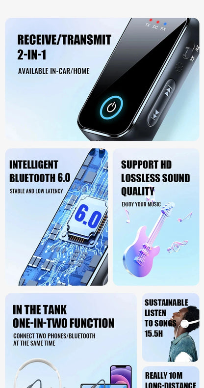 Bluetooth 6.0 AUX Audio Transmitter Receiver 2 IN 1 Wireless Adapter 3.5MM With Mic HiFi Stereo Music For Car TV PC Airplane