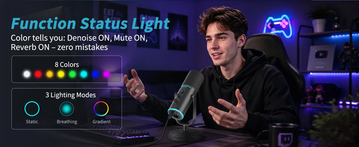PUPGSIS Podcast Microphone Kit, USB/XLR Dynamic Vocal Mic, Streaming Mic with RGB Lights for PC/XLR Mixer, with Mute Button, Headphone Jack, Gain Knob, for Gaming Voice-Over Recording