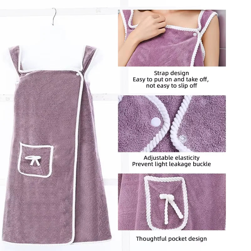 1Pc Women's Plus Size Wearable Bath Towel - Cute Bow Shower Skirt, Adjustable Bath Robe with Pocket. Soft Fabric for Home Use.