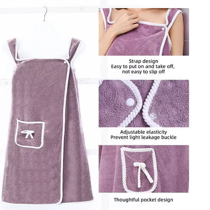 1Pc Women's Plus Size Wearable Bath Towel - Cute Bow Shower Skirt, Adjustable Bath Robe with Pocket. Soft Fabric for Home Use.