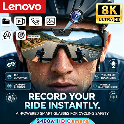 Lenovo 2400w Camera AI ChatGPT Smart Glasses 1080P Video Photo Anti-shake Cycling Sport Sunglasses DualMic 32GB Windproof Goggle