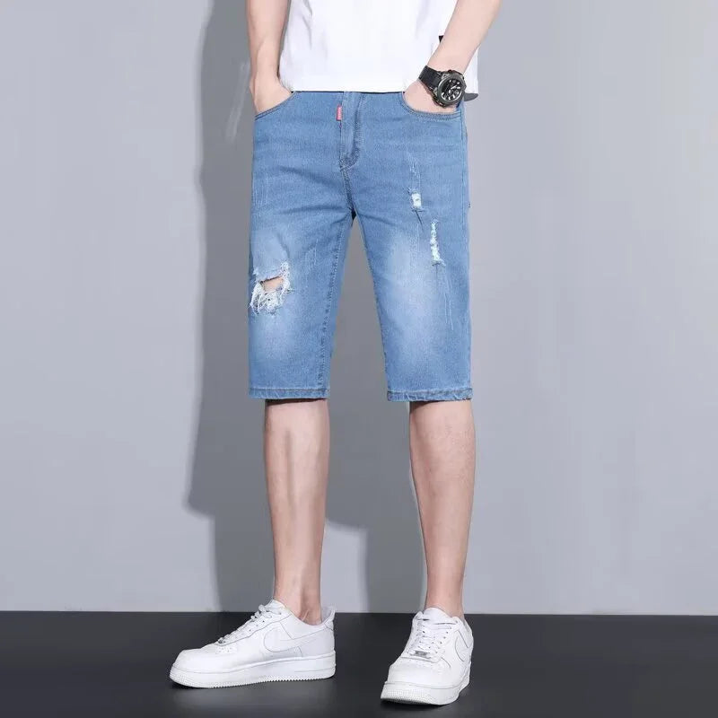 2026 Summer Men Loose Straight Ripped Jeans Male Daily Lightweight Breathable Knee Length Denim Shorts Street Trend Casual Pants