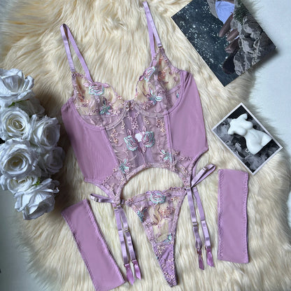 Floral Embroidered Boned Corset Lingerie Set Sheer Mesh Underwire Bustier Garter Straps Waist Cincher Romantic Night Clubwear