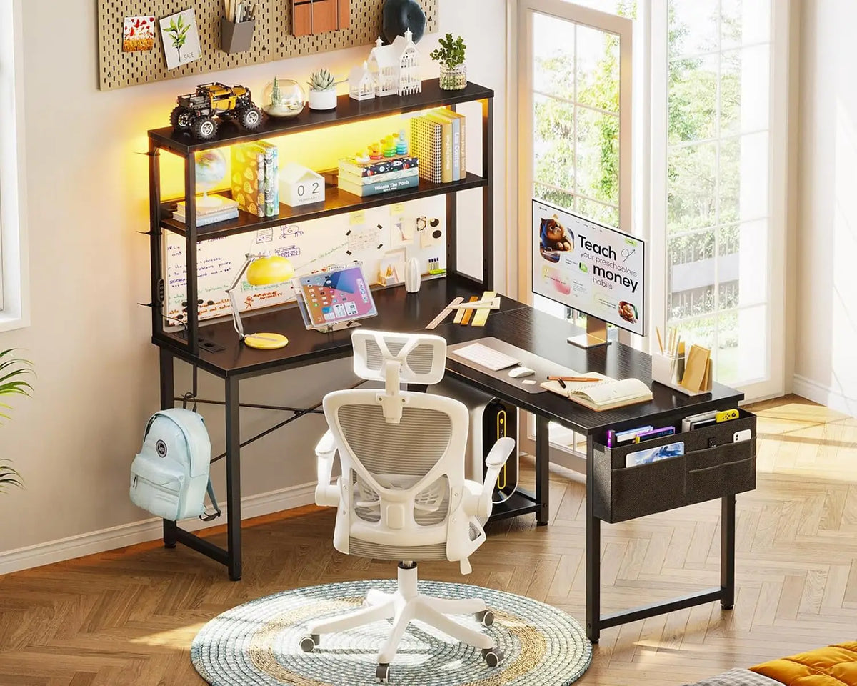 Coleshome L-Shaped Gaming Desk with Led and Plugs, 110 × 80 cm Reversible Gamer Desk with Shelves, Corner Desk with Storage Bag and Hook for Gamers, Black