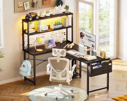 Coleshome L-Shaped Gaming Desk with Led and Plugs, 110 × 80 cm Reversible Gamer Desk with Shelves, Corner Desk with Storage Bag and Hook for Gamers, Black