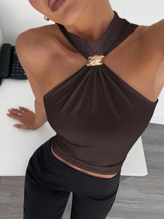 Dam Halterneck Crop Top – Metallring Twist Knot, Slim Fit Sommar Kontorsstil, 10 Färger