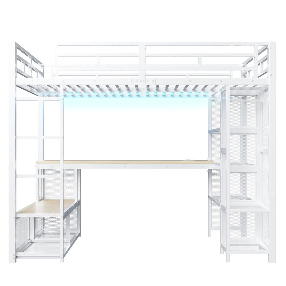 140x200cm Metal High Bed with Storage and Open Wardrobe, Kids Bedroom Bed with USB Connector and LED Lighting, Black/white