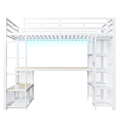 140x200cm Metal High Bed with Storage and Open Wardrobe, Kids Bedroom Bed with USB Connector and LED Lighting, Black/white