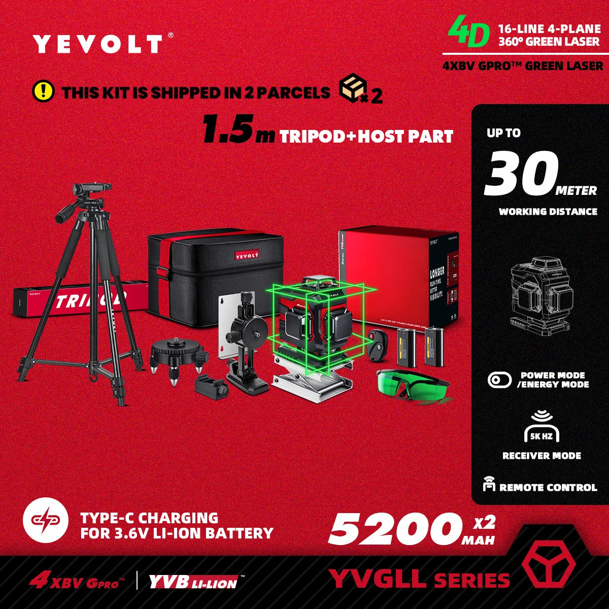 YEVOLT YVGLL4XS16 Grön Lasernivå – 4 Plan, 16 Linjer, Självnivellerande 360° 3D