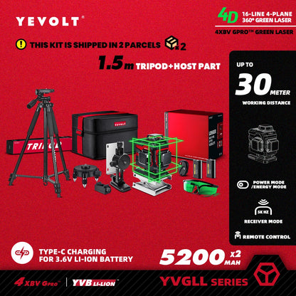 YEVOLT YVGLL4XS16 Grön Lasernivå – 4 Plan, 16 Linjer, Självnivellerande 360° 3D