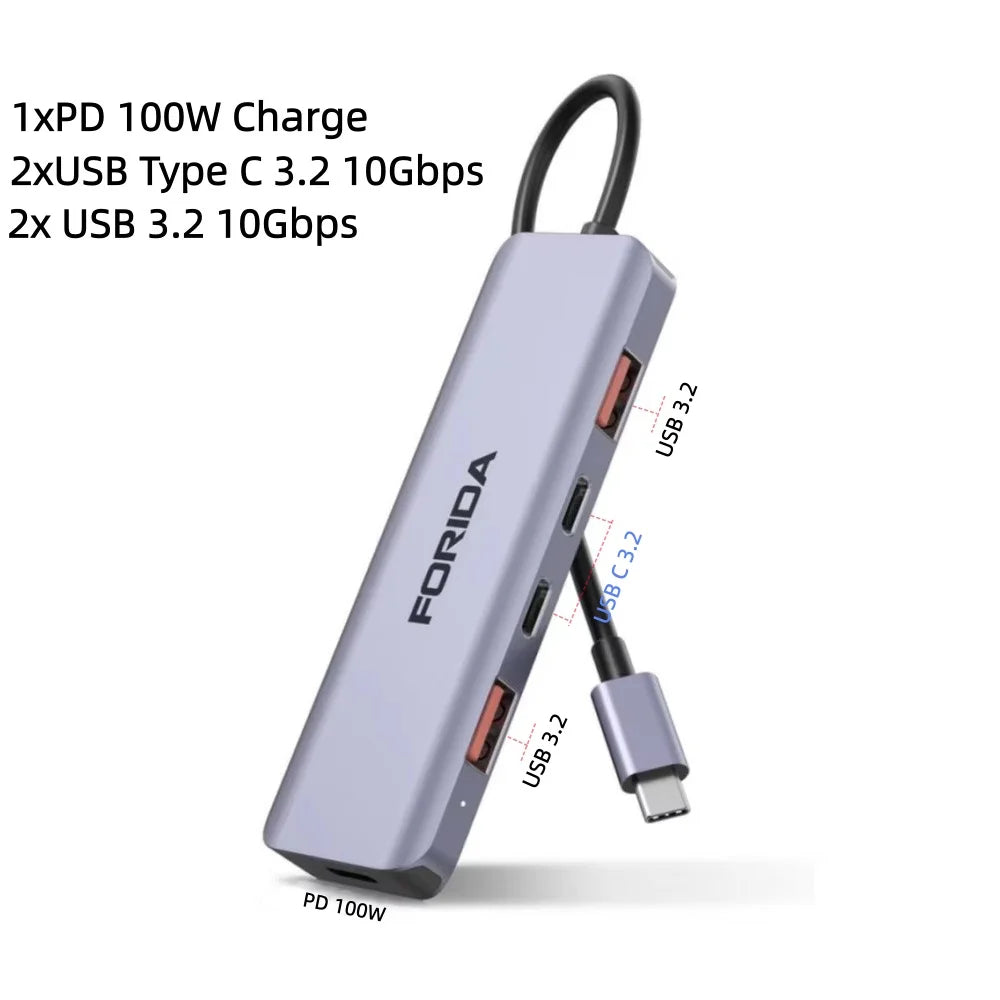 FORIDA Aluminum USB C Hub 3.2 and 3.0 10Gbps USB C HDMI Splitter PD 100W Power Charging USB 3.2 Gen2 Adapter for Laptop PC
