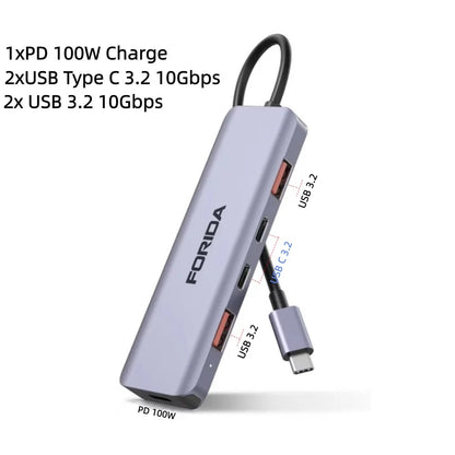 FORIDA Aluminum USB C Hub 3.2 and 3.0 10Gbps USB C HDMI Splitter PD 100W Power Charging USB 3.2 Gen2 Adapter for Laptop PC