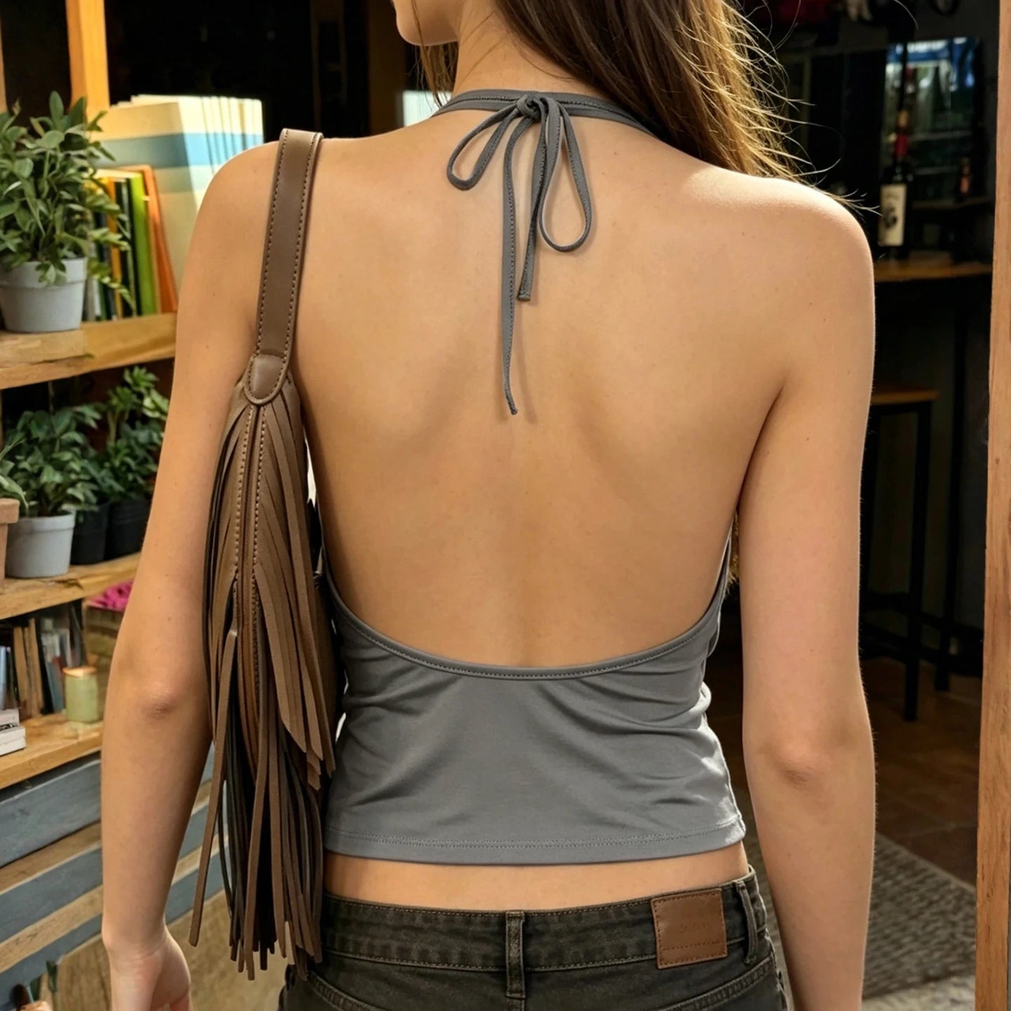Dam Drapad Halterneck Cami Top – Djup V-ringning Knytrygg Y2K Slim Streetwear Sommar 2026, Grå S–L