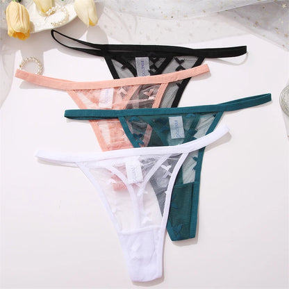FINETOO Women Sexy Lace Thong Low Waist Hollow Out G-String Female Seamless Transparent T-Back Underwear Solid Intimates Panties