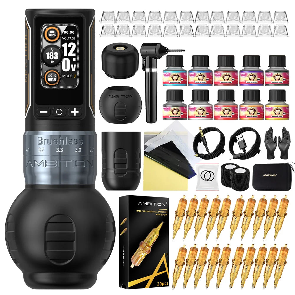 Ambition Ninja Max 280 Wireless Tattoo Machine Pen Full Kit Adjustable Stroke Brushless Motor 20pcs Mixed Needle 10 Inks Set