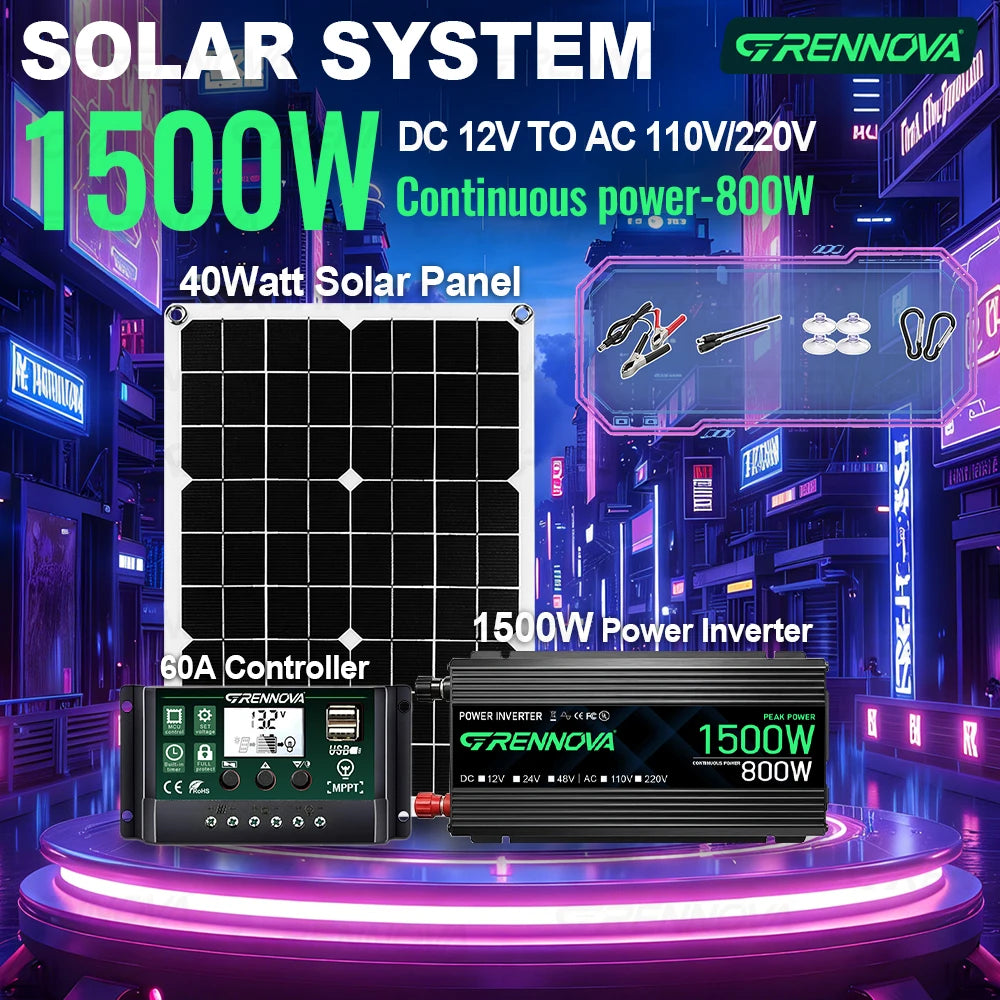 Grennova Solcellskit 750W – Ren Sinusvåg 1500W Peak + 40W Panel + 60A MPPT, 110V/220V Off-Grid Husbil Camping