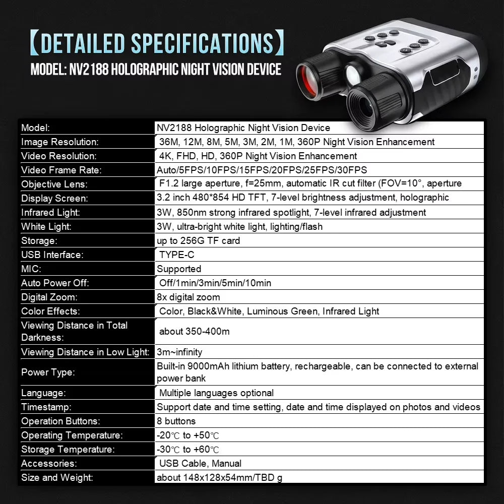 4K Night Vision Goggles with Holographic Display, Night Vision Binoculars 9000mAh Battery 1314 FT Range