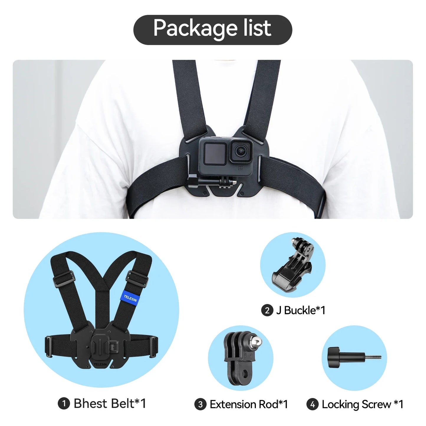 TELESIN Quick-Release Chest Strap Mount for GoPro Hero 13 12 11 10 9 8 7 Insta360 SJCAM DJI OSMO Action 5 4 3 Chest Belt Mount