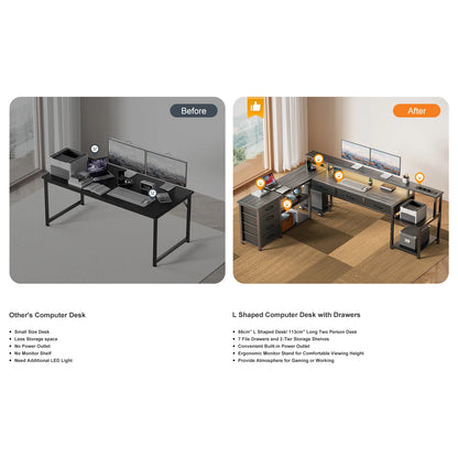 L Shaped Computer Desk with RGB LED Lights Reversible Gaming Desk Power Outlet Monitor Stand Drawers Storage