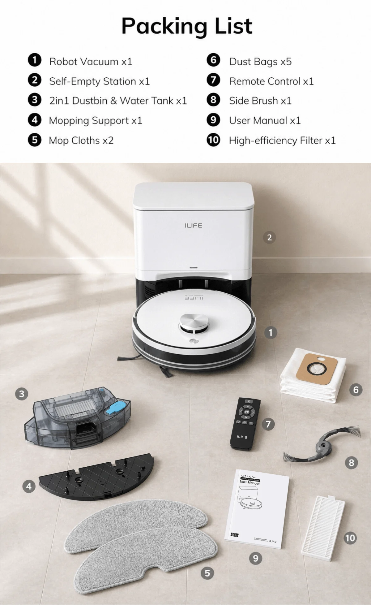 ILIFE A30 Pro Robot Vacuum Cleaner with Automatic Self-Emptying Station, 5000Pa Strong Suction, LDS Navigation, 180min Runtime, 2-in-1 Mop and Sweep, APP Control,  HomeFloor Carpet Clean