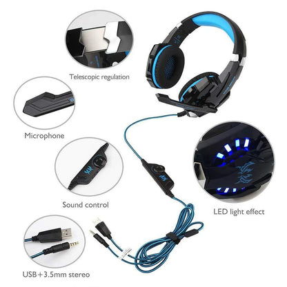 XIKCУ G9000 Gaming Headset Over-Ear – 3,5mm + USB LED-belysning Mikrofon Djupt Bas Stereo PS5 PS4 Xbox PC Laptop Röd Blå Vit