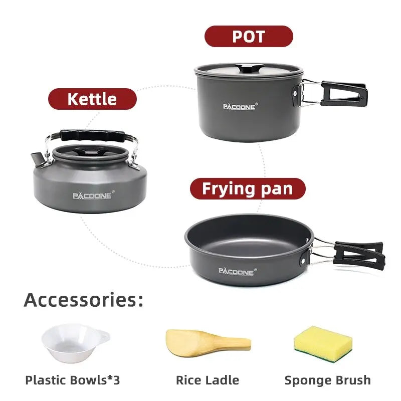 PACOONE Campingkokset – Portabelt Aluminiumset med Kastrull, Vattenkokare & Panna, Hopfällbart