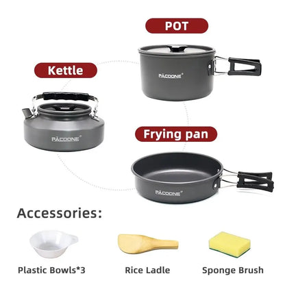 PACOONE Campingkokset – Portabelt Aluminiumset med Kastrull, Vattenkokare & Panna, Hopfällbart