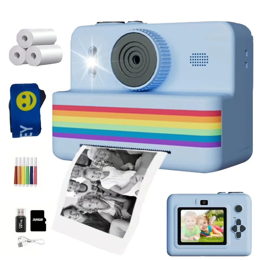 2.8-inch screen instant printing toy camera with 32GB SD card, 3 rolls of printing paper, portable high-definition camera, insta