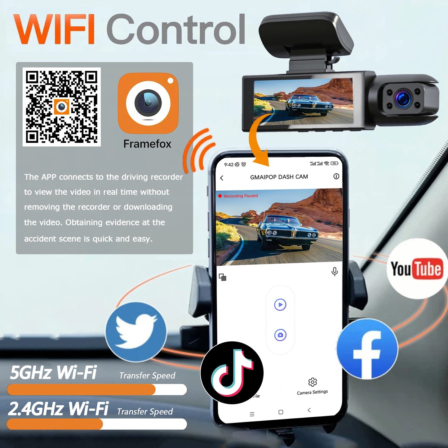 Dashkamera 1080P WiFi – Dubbel Kamera Fram & Inuti, Nattseende, Loop-inspelning