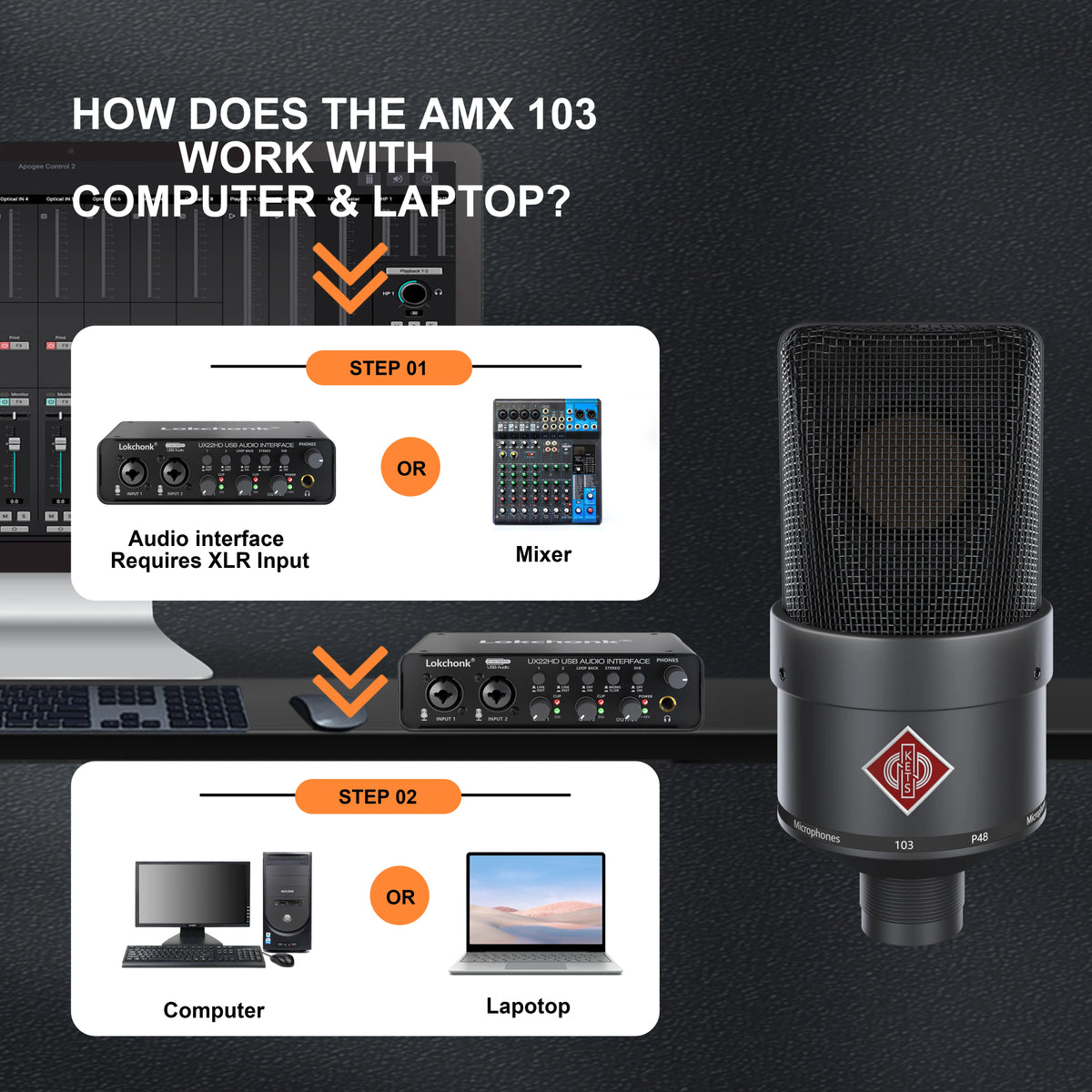 AMX 103 XLR Condenser Microphone 48V Phantom Power Mic for Audio Interface Mixer Studio Recording Podcast Streaming Voice Over