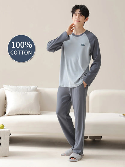 Herr Pyjamas 100% Bomull Långärmad – Fyra Säsonger Plus Size Tonår Hemmaset, L–3XL