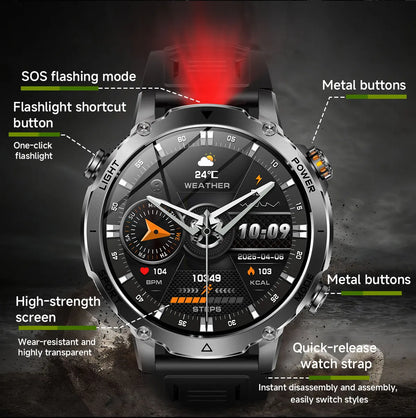 New 1400 mAh Battery Military Smartwatch Men IP68 Waterproof Flashlight Health Monitor Sports Call Smart Watch For iOS Android