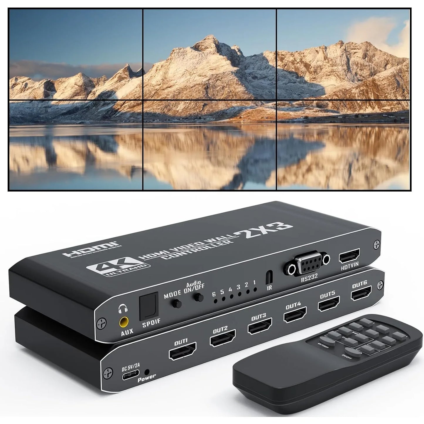 2x3 HDMI Video Wall Controller 1080P HDMI Video Screen Processor 2x3 1x2 1x4 1x3 2x1 3x1 4x1 for 6 Screen Wall Stitching Splicer