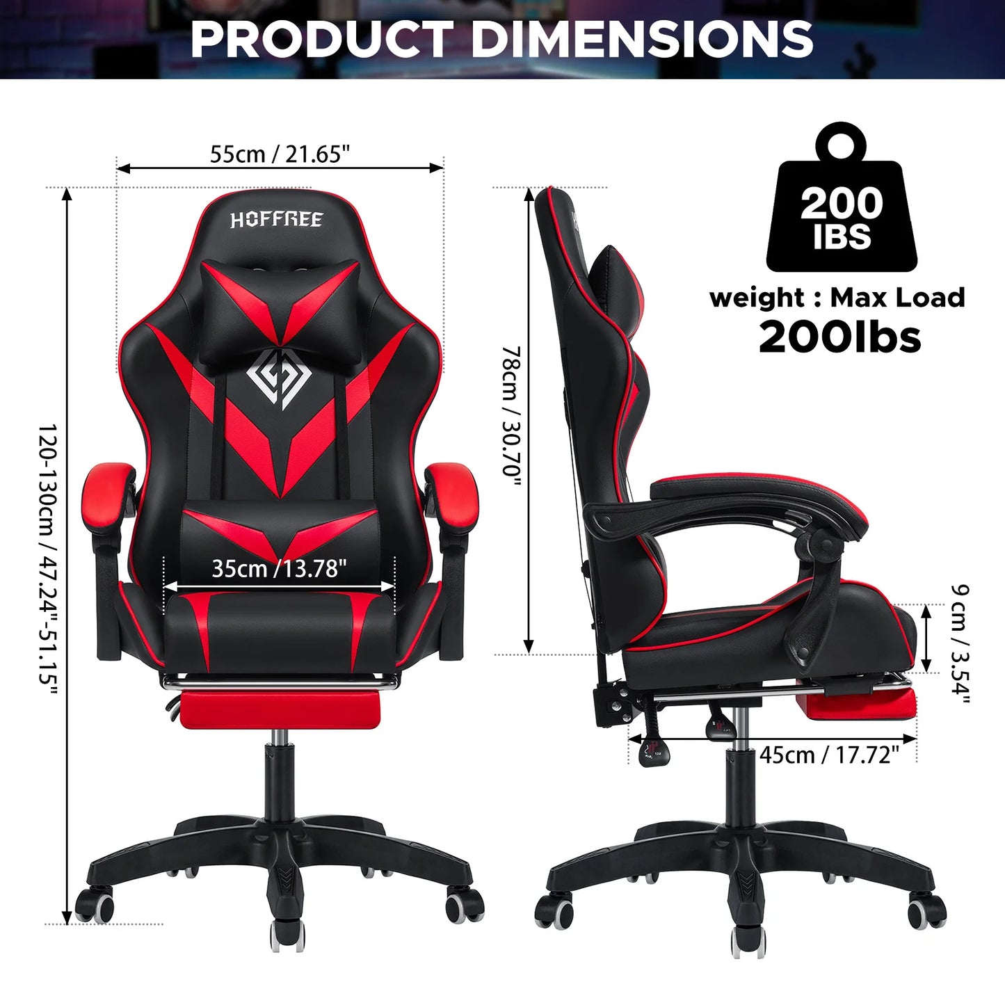 200Lbs Load Gaming Chair with Massage Ergonomic Computer Chair Footrest and Lumbar Support Reclining PC Chair Adjust Armrest