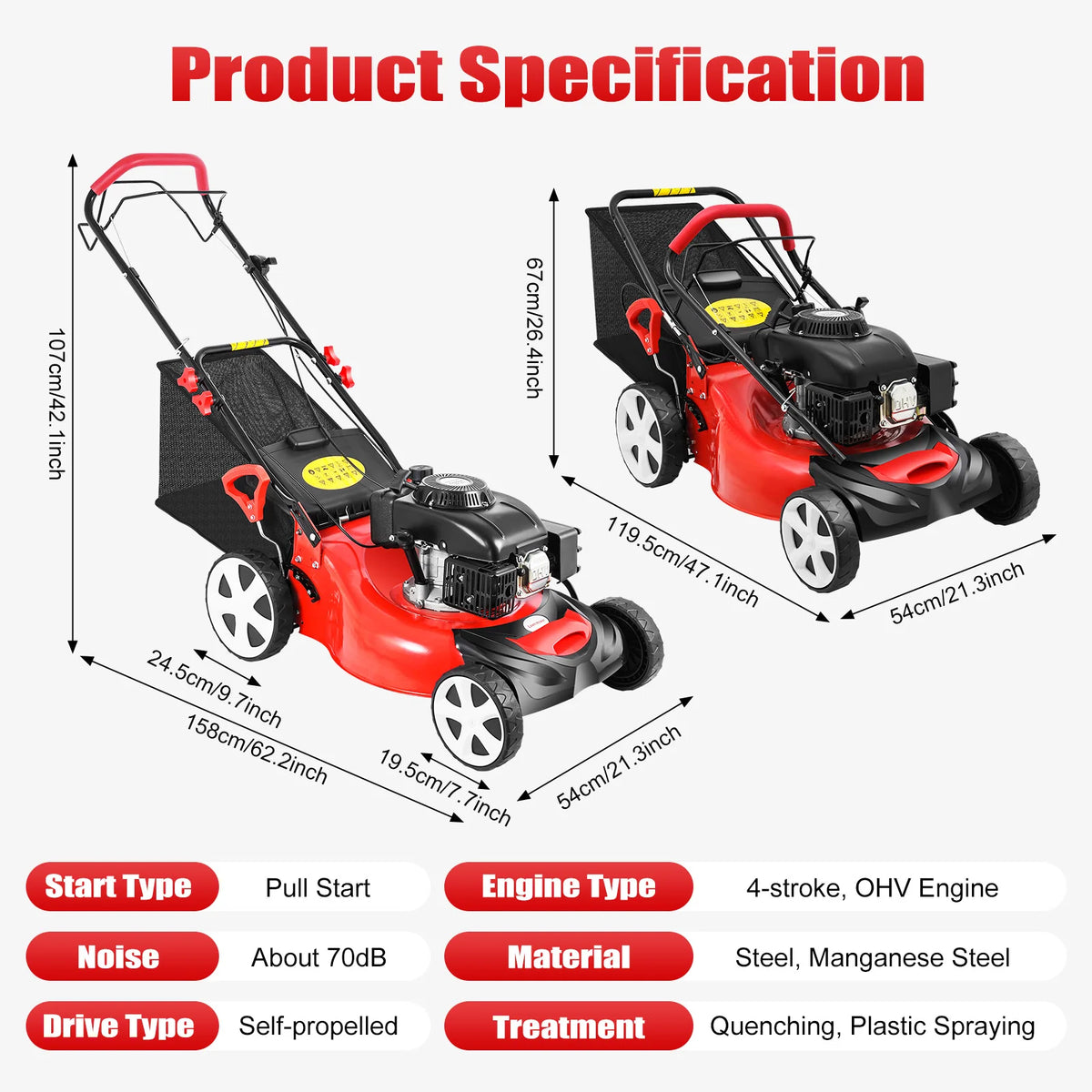 Bensindriven gräsklippare 140cc 4-taktsmotor 51 cm klippbredd