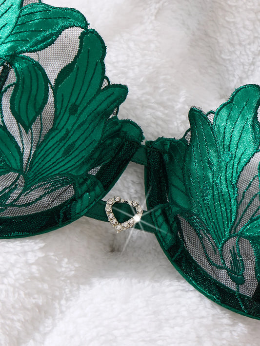 Green French-style Floral Embroidery Lace Lingerie Set,Sexy and Soft Steel-Bra-Cup Supportive Bra,Valentine's Day Party ZA824031