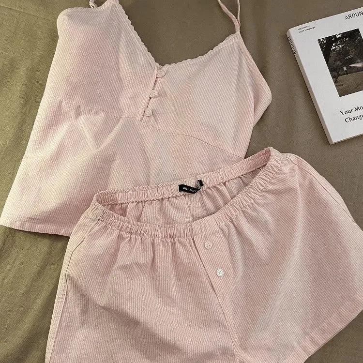 Women Summer Cami Shorts Pajama Set Girls Student Homewear Set Woman Casual Loungewear Suitable Outing Loose Sleepwear Ladies