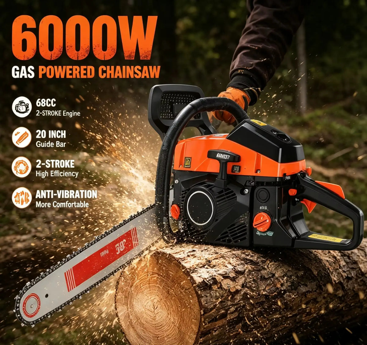 6000W 2-Stroke 20 Inch Gas Powered Chainsaw, 68CC Heavy Duty Logging Saw, Anti-Vibration Petrol Chain Saw for Farm, Garden & Tree Felling