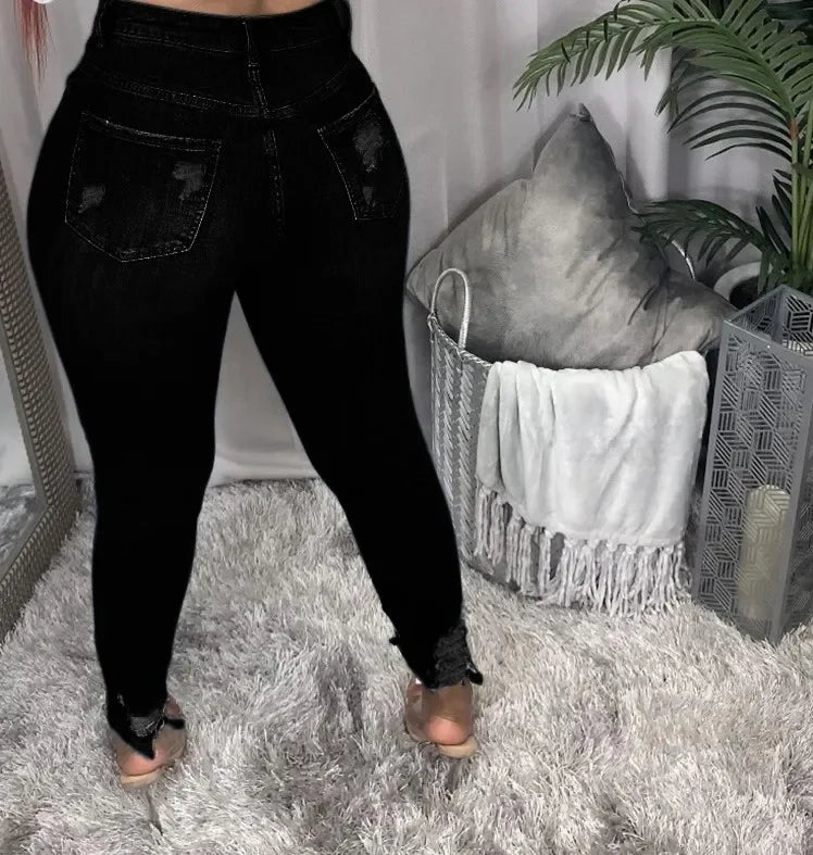 Denim Pencil Pants Women Jeans Hole Ripped High Waist Washed Distressed Vintage Skinny Ankle Length Trousers Streetwear