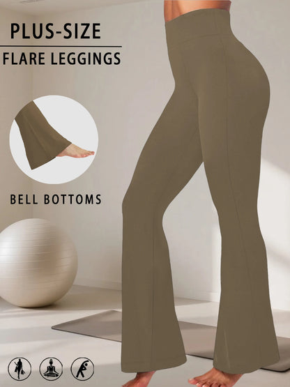 Plus Size Ladies High-Rise Flared Leggings for Yoga and Workout Features Tummy Control and a Stylish Bell-Bottom Design in Sizes