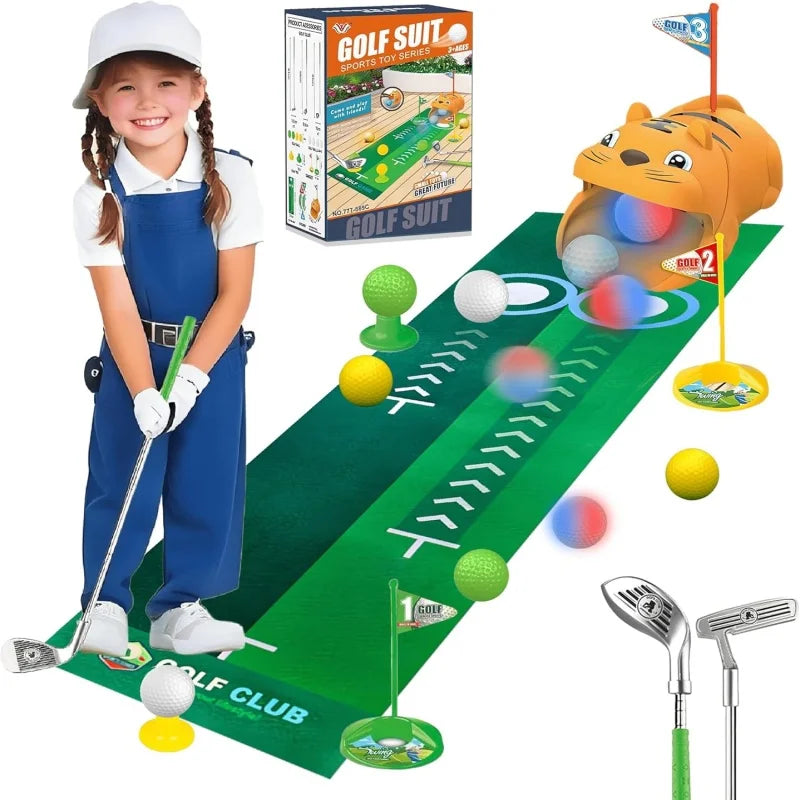 Upgraded Kids Golf Set With  Automatic Golf Returner 3 Clubs Putting Mat Mini Golf Games For Outdoor Sports Party Toy Gift