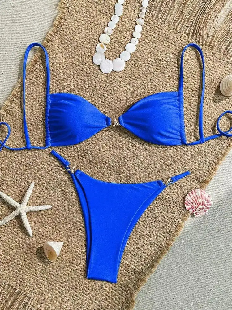 Cikini Women's Sexy Bikini Two Pieces Set Accessories Glossy Texture Special Fabric Solid Color Summer Beach Swimwear