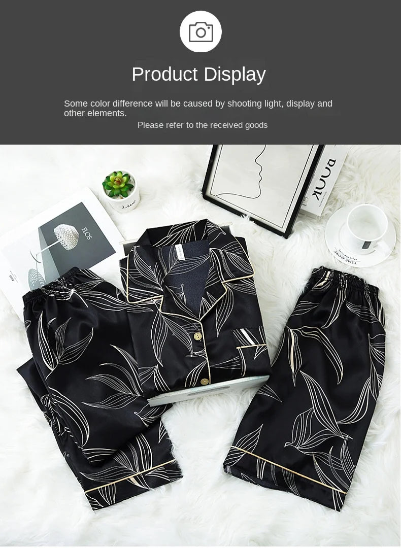 Fashion Summer Autumn 3 Piece Silk Men Pajamas Set Short Sleeve Shorts Oversize Homewear Lapel Collar Loungewear Pijamas for Man