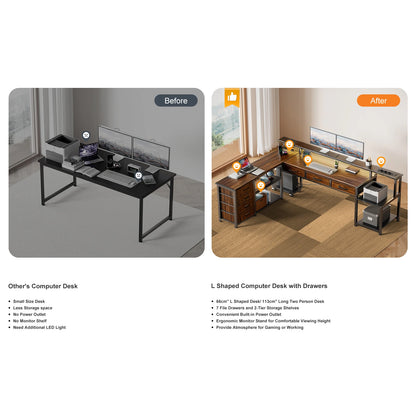 Reversible L-Shaped Gaming Desk 148cm Ultra-Wide Rgb Led App 2*Socket USB 7 Drawers Brown Grey Monitor Stand