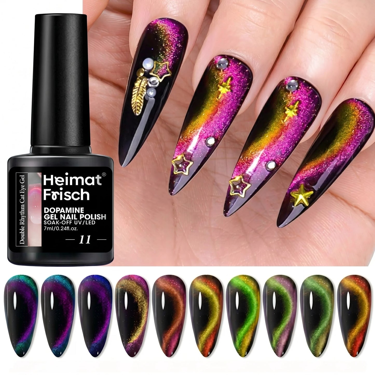 Heimat Frisch 7ml Single Bottle Double-Edge Cat Eye Gel Polish with Black Neon Polarized Chameleon Effect, Perfect for Party