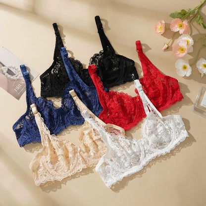Plus Size Ultra-thin Lace Bras Women Sexy Exquisite Bras Non-padded Push Up Hollow Out Gathered Solid Underwear 34-40 B/C CUP