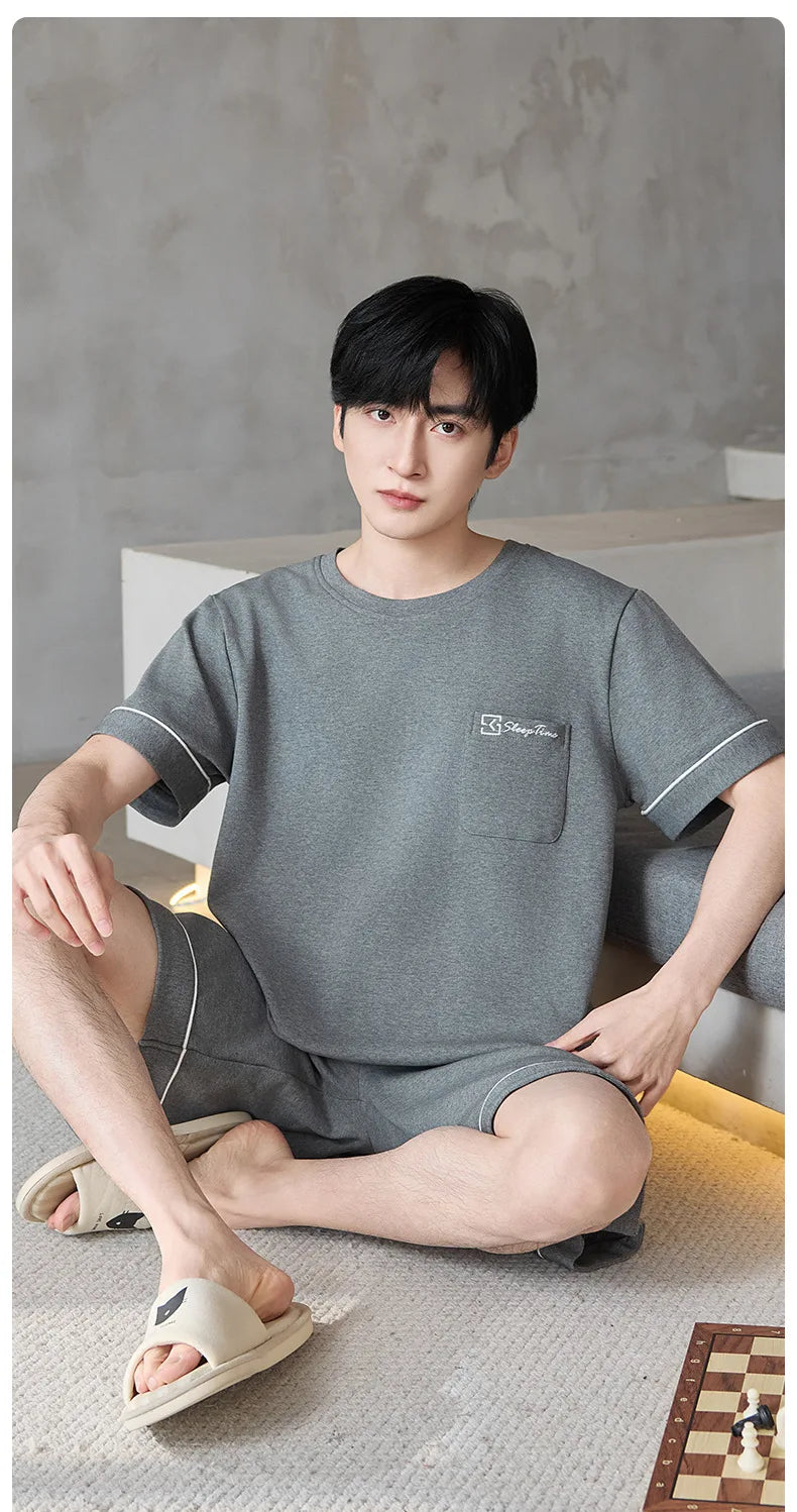 Short Sleeves & Shorts & Long Pant 3Pcs/set Cotton Nightwear for Men Summer Breathable Casual Sleepwear Male Loungewear Hombre