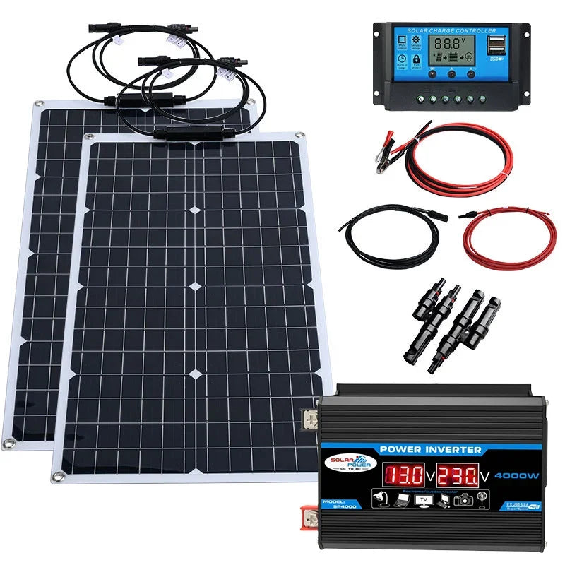 Solsystem-kit – 12V till 110V/220V, Inverter + 100A Regulator + Solpaneler, Hem/Stuga/Husbil/Camping, Svart/Gul
