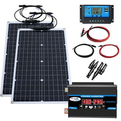 Solsystem-kit – 12V till 110V/220V, Inverter + 100A Regulator + Solpaneler, Hem/Stuga/Husbil/Camping, Svart/Gul